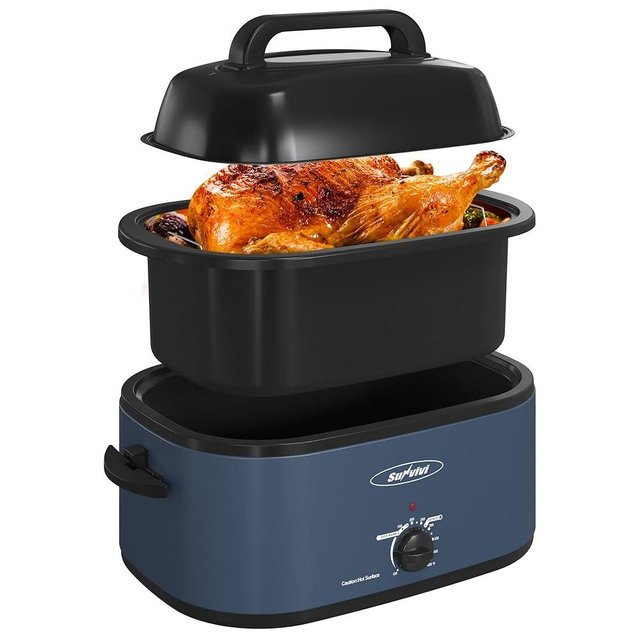 Sunvivi Roaster Oven, 24 Quart Electric Roaster Oven with Glass Lid, Turkey Roaster Oven Buffet with Self-Basting Lid, Removable Pan, Cool-Touch Handles, Dark Blue