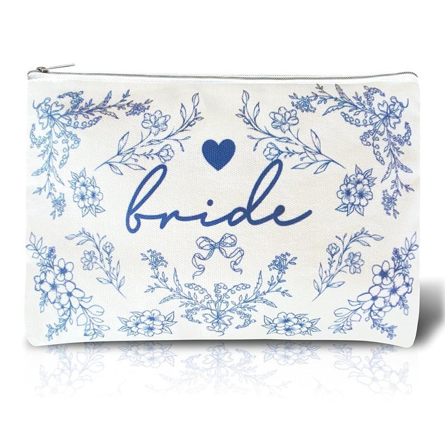 Bride Squad Bride Makeup Bag with Something Blue for Bride to Be - Perfect for Bridal Shower & Engagement Gifts, Bride Accessories