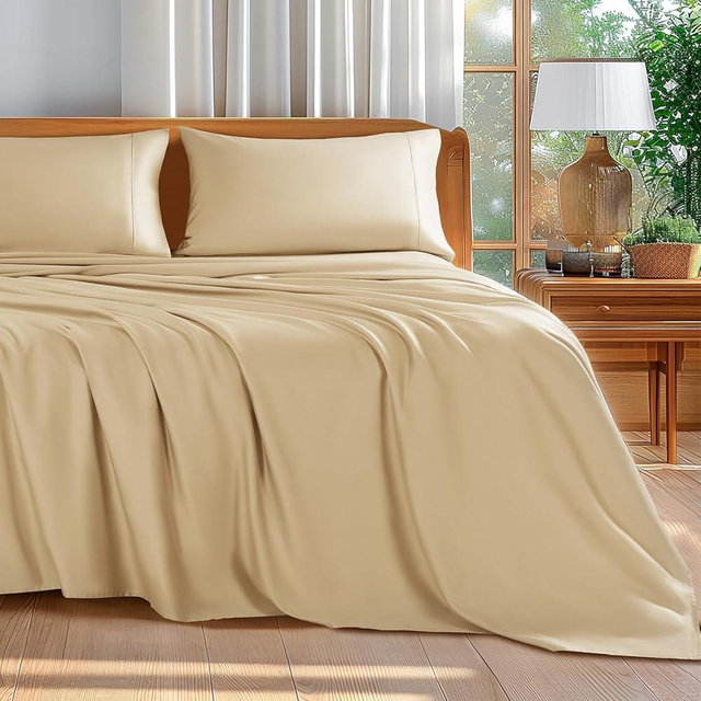 Shilucheng 100% Cotton Queen Size Sheets Set - 600 Thread Count，Luxury Egyptian Cotton Bed Sheets，5-Star Hotel Quality Sheets, Breathable & Cooling, 16 Inch Deep Pocket - 4 Piece (Beige, Queen)