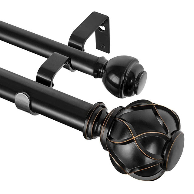 KAMANINA 1 Inch Double Curtain Rods 72 to 144 Inches (6-12 Feet) Window Telescoping Drapery Rod, Netted Texture Finials, Black