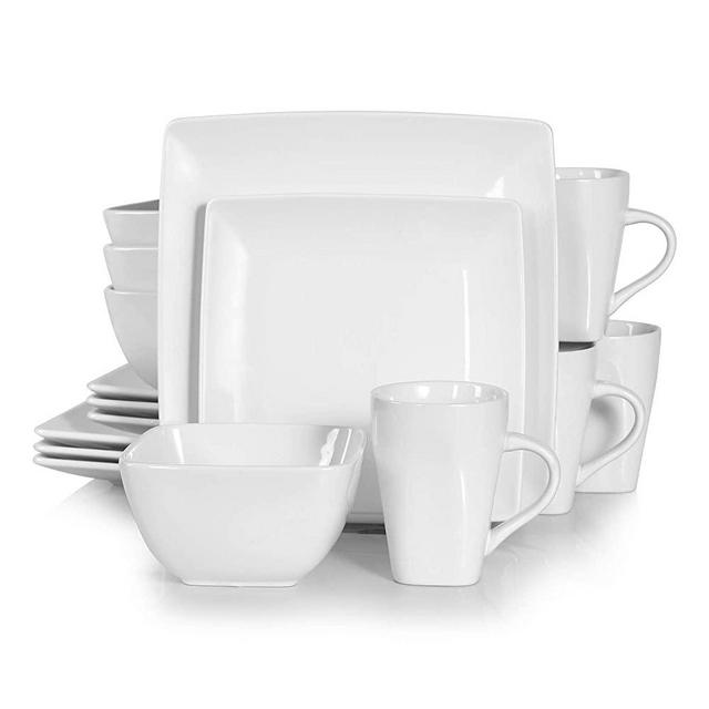 vancasso, Series SOHO, Porcelain Square Dinner Set Ivory White 16 Piece Kitchen Dinnerware Service Plate Ceramic Crockery Set with 4-Piece Dinner Plates, Dessert Plate,Bowls and Mugs, Service for 4