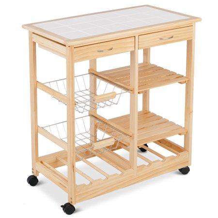 Costway Rolling Wood Kitchen Trolley Cart Island Shelf w/ Storage Drawers Baskets New
