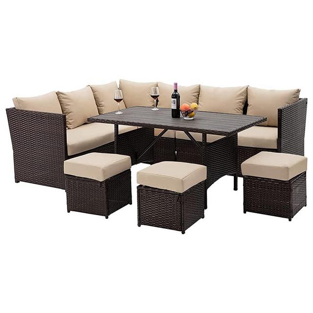 U-MAX 7 Pieces Patio Furniture Set Outdoor Sectional Sofa Conversation Set All Weather Wicker Rattan Couch Dining Table & Chair with Ottoman, Brown