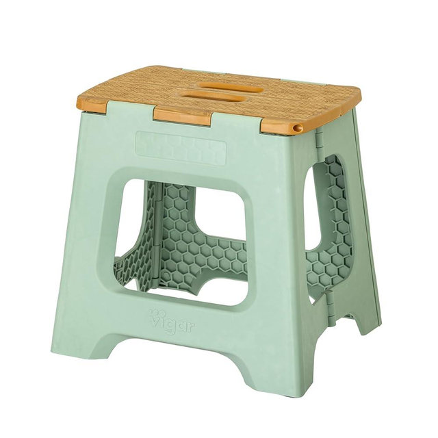 Vigar Compact Step Stool Foldable, 12-1/2-inch Step Stools for Adults up to 330 Pound, Lightweight Stool, Non-Slip Folding Step Stool, Bamboo Print on Top, Vintage Green