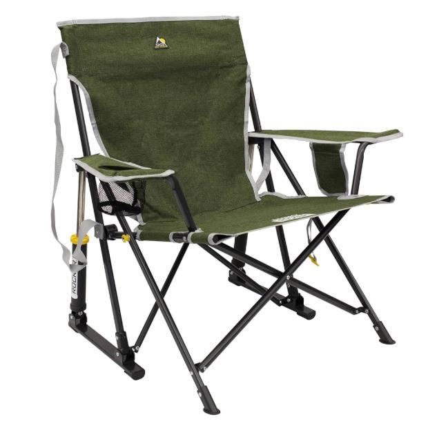 GCI Outdoor Kickback Rocker Camping Chair | Portable Folding Rocking Chair with Durable Armrests, Drink Holder & Relaxed Lowered Seat for Comfort — Loden Green