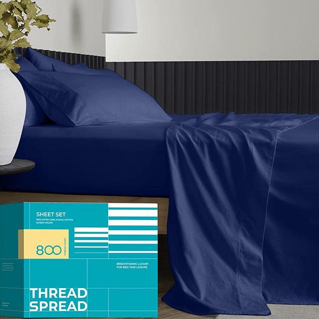 Pure Egyptian King Size Cotton Bed Sheets Set (King, 800 Thread Count) Navy Blue Bedding and Pillow Cases (4 Pc) – Egyptian Cotton Sheets King Size Bed- Sateen Sheets - 16" Deep Pocket King Sheets