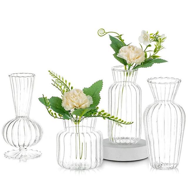 4Pcs/ Set Small Vase Different Geometric Stripe Shape, Bud Vases in Bulk Simplicity Clear, Cute Mini Flower Vases Glass Narrow Neck for Home, Centerpieces, Table Decor