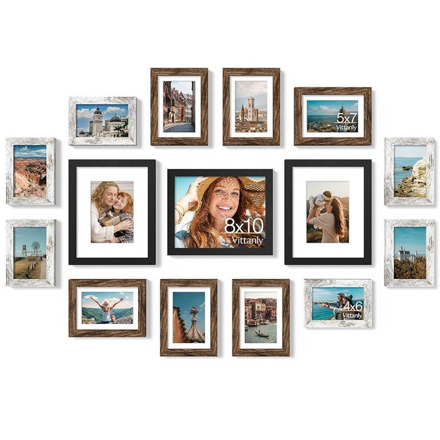 Vittanly 15 Pack Picture Frames Collage Wall Decor for Mounting or Tabletop, Gallery Frame Set for Family, Multi Sizes Including 3pcs 8x10, 6pcs 5x7, 6pcs 4x6, Black, Brown and Distressed White