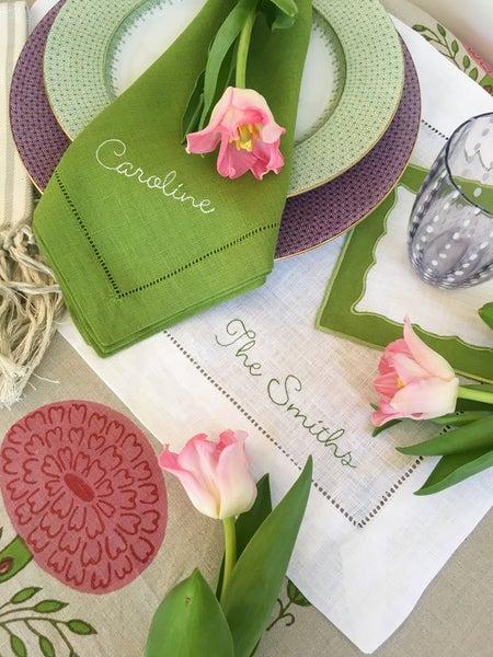 "The Smith" Embroidered Dinner Napkins in Green