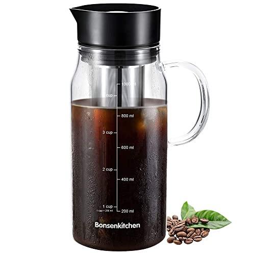 Cold brew coffee maker 1L,Perfect For Homemade Iced Coffee and Ice Tea,Heavy-Duty Glass Pitcher,with Removable Stainless Steel Filter,CP8002