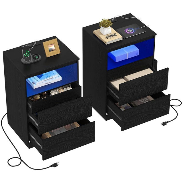 Draelibor Nightstand Set of 2 with LED Lights, 26" H with Hidden Drawer,Bedside Table with Charging Station, 3 Drawers, Modern Night Stand for Bedroom, Black