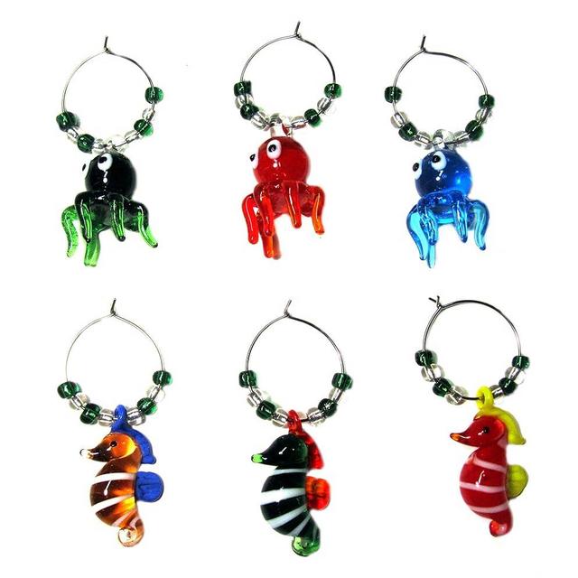 RiverView Enterprise WINE GLASS CHARMS - OCTOPUS & SEAHORSE (tag/markers) set of 6