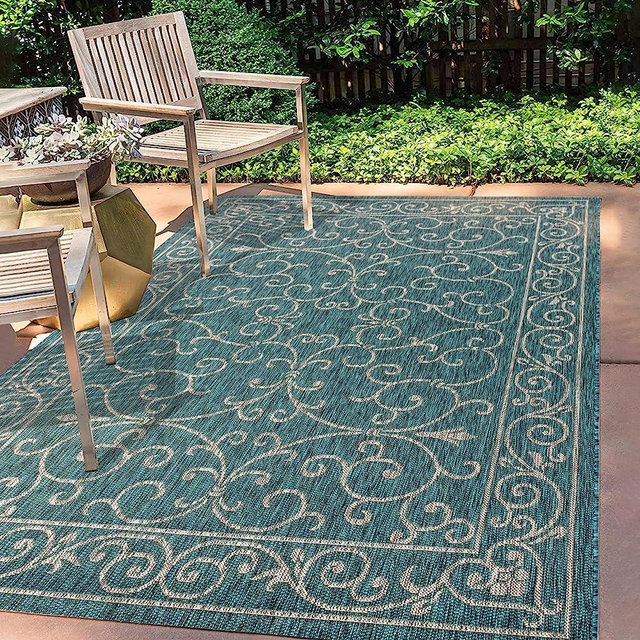 JONATHAN Y Charleston Vintage Filigree Textured Weave Indoor/Outdoor Teal/Gray 5 ft. x 8 ft. Area-Rug, Classic,Easy-Cleaning,HighTraffic,LivingRoom,Backyard, Non Shedding (SMB106F-5)