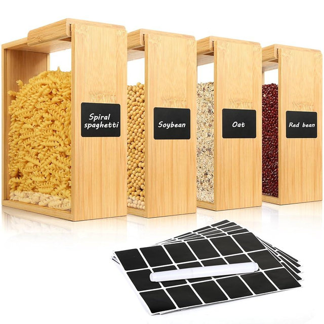VZZNN 4 Pack Food Dispenser, Bamboo Cereal Dispenser with Magnetic Sliding Lid, 2L Dry Food Storage Container for Pantry, Kitchen Organization - Rice, Flour, Pasta, Snacks, Candy