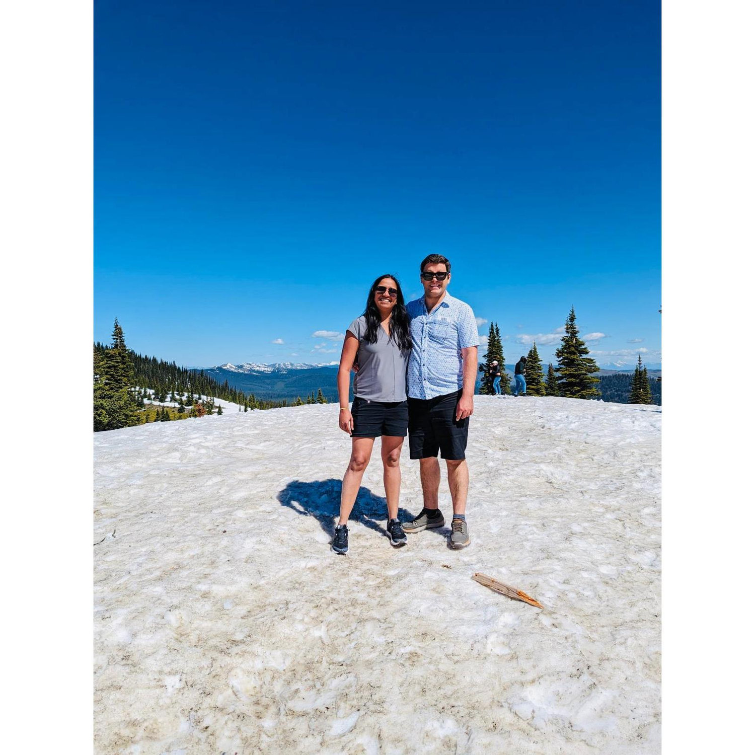 in shorts on an ice cap mountain