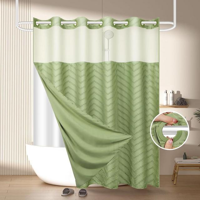 FADOTY No Hook Shower Curtain and Snap in Liner Set Sage Green Tufted Chevron Striped Cloth Waterproof Washable Fabric Boho Bath Curtain with See Through Mesh Top Window for Bathroom Hotel 71" x 74"