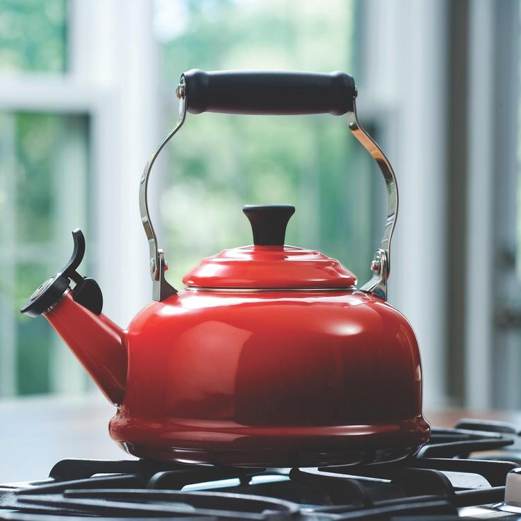 Red Enamel Kitchen Aid Whistling Teakettle, 2 Quart, New Old Stock 