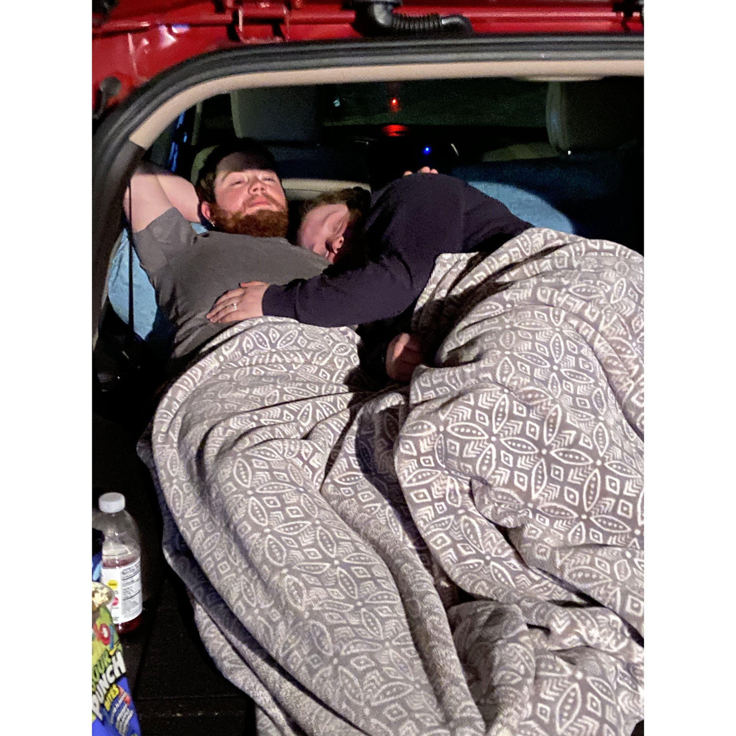 "Drive In" movie at my mom's house when we were visiting and we fell asleep!