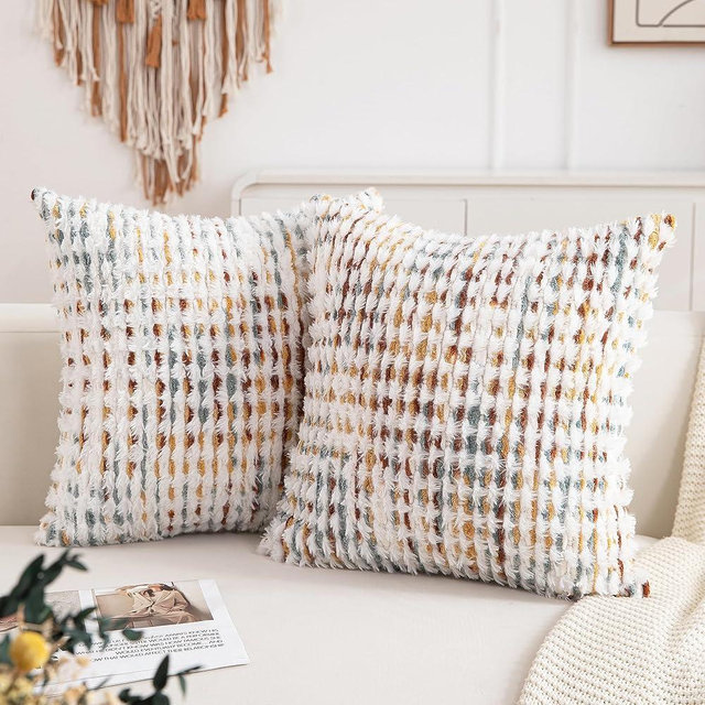 Hompooll Boho Pillow Covers Set of 2-18x18 Inch Chenille Fluffy Decorative Throw Pillow Covers for Couch, Neutral Farmhouse Striped Boho Pillows in Yellow & Brown for Living Room, Sofa - Amazing Gifts