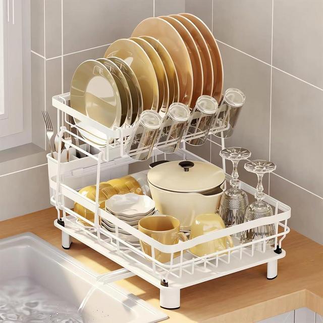 DMTXCRP Dish Drying Rack, Space Saving & Durable, Rust-Proof Large 2 Tier Stainless Steel Dish Racks for Kitchen Counter with Cutlery & Cup Holder & Drainboard -White