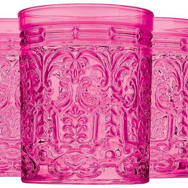 Godinger Old Fashioned Whiskey Glasses, Drinking Glasses, Vintage Decor, Glass Cups, Water Glasses, Cocktail Glasses - Jax Collection, 12oz, Hot Pink, Set of 4