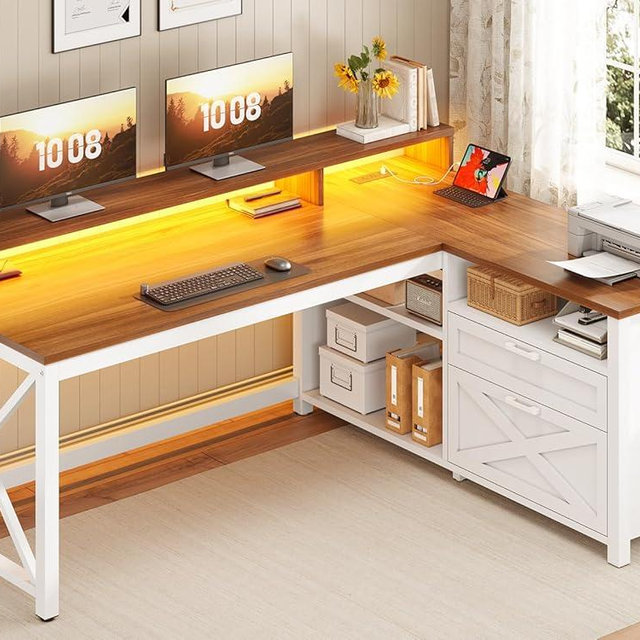 SEDETA Farmhouse L Shaped Desk, 55" Home Office Desk with Drawers and Storage Shelves, L Shaped Gaming Desk with LED Lights, Power Outlet and Monitor Shelf, Brown