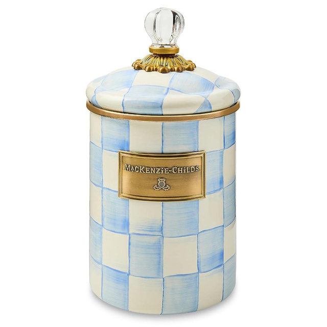 MACKENZIE-CHILDS Enamel Canister, Kitchen Storage Container with Lid, Medium, 48-Ounce Capacity, Light-Blue-and-White Sky Check