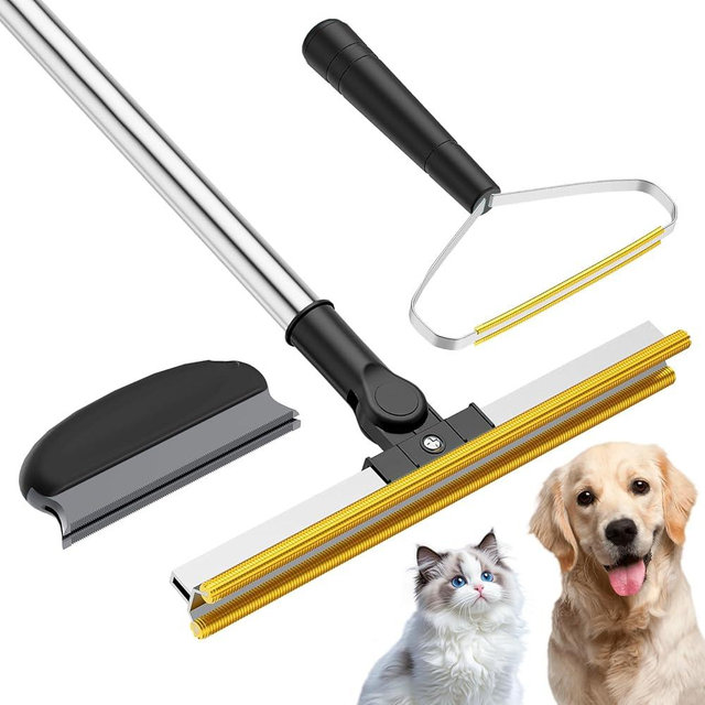 Bolfie 3 in 1 Carpet Rake for Pet Hair Removal, Tool Set of 3, 55” Long Handle Carpet Pet Hair Removal Carpet Scraper Dog Cat Hair Remover for Sofa, Couch, Car, Rug (Black)