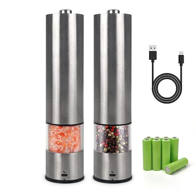 TAUSFILA USB Rechargeable Electric Salt and Pepper Grinder Set with Rechargeable Battery, Automatic Salt and Pepper Mill Grinder Set - Adjustable Coarseness, Quick Grind(2, Silver)