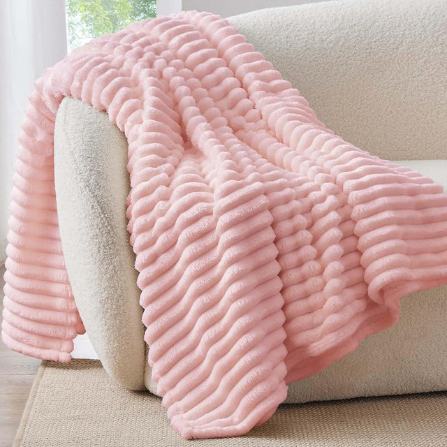 BEDELITE Fleece Throw Blanket for Couch, 300GSM Soft & Warm Fluffy Twin Blanket, Decorative and Giftable Striped Pink Blankets for Women, Men, 60"x80"