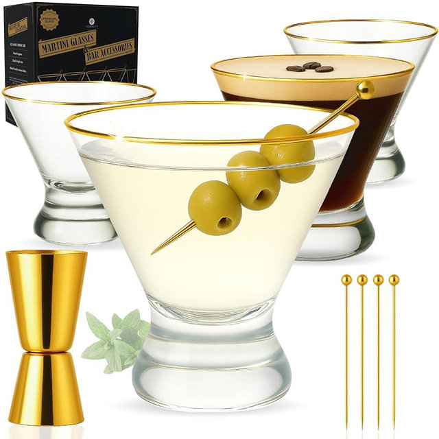 VEMACITY - Stemless Martini Glasses Set of 4 with Gold Rims & Bar Tools - Crystal Cocktail Glasses for Espresso Martinis, Margaritas + Gold Jigger & 4 Picks | Ideal for Martinis and Margaritas