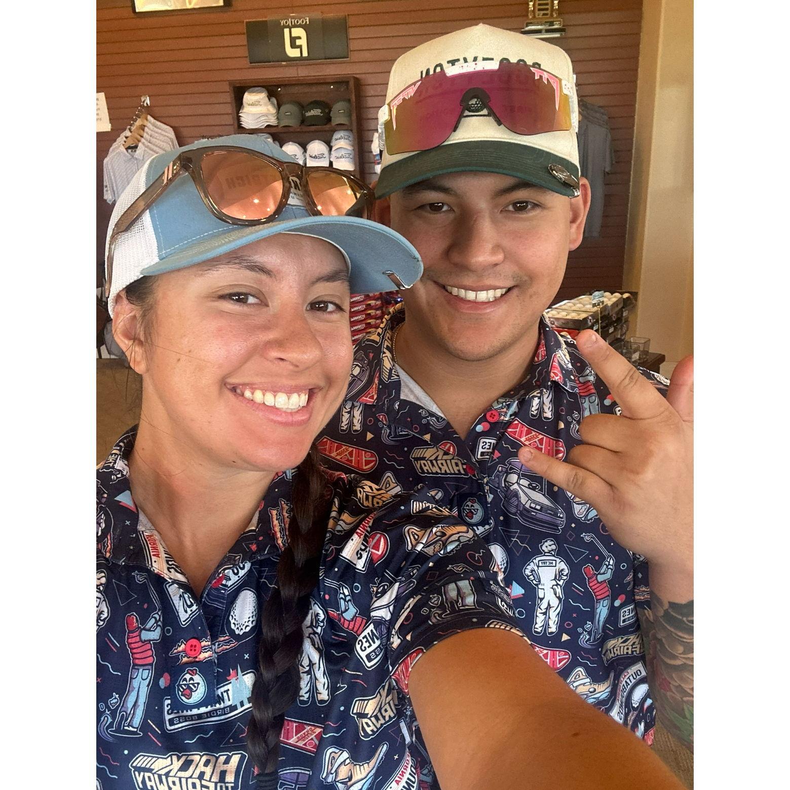 Ty grew up golfing and quickly got Eden interested in playing golf too. Now we sport our matching golf shirts as much as possible when we go play a round with friends.