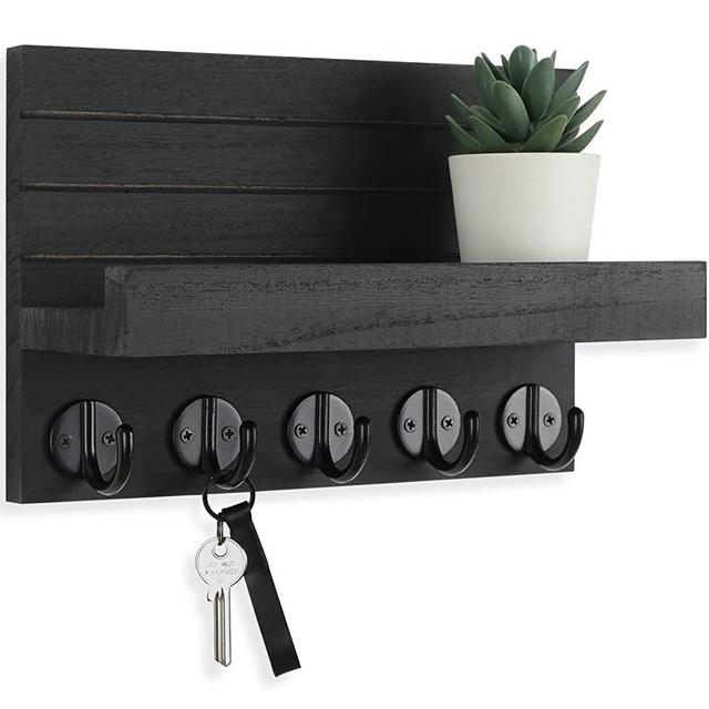 Lwenki Key Holder for Wall, Decorative Key and Mail Holder with Shelf Has Large Key Hooks for Bags, Coats – Paulownia Wood Key Hanger with Mounting Hardware (9.8”W x 6.7”H x 4.2”D) (Black)