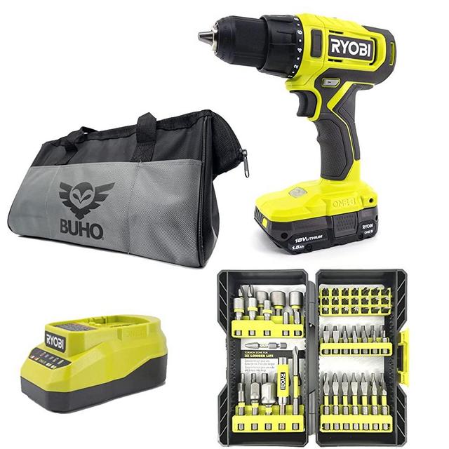 Ryobi Cordless 1/2 inch Drill Driver with 70 Piece Drill Bit Set, 18-Volt Lithium-ion Battery, Charger and Buho Tool Bag
