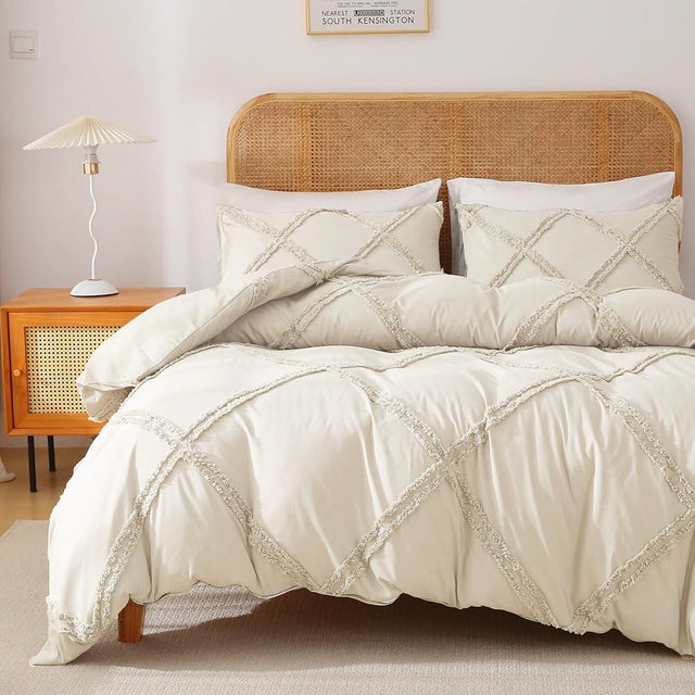 MILDLY Boho Duvet Cover Beige - Tufted Comforter Cover Set Geometric Textured Jacquard Queen Size Bedding Set with Corner Ties & Zipper Closure