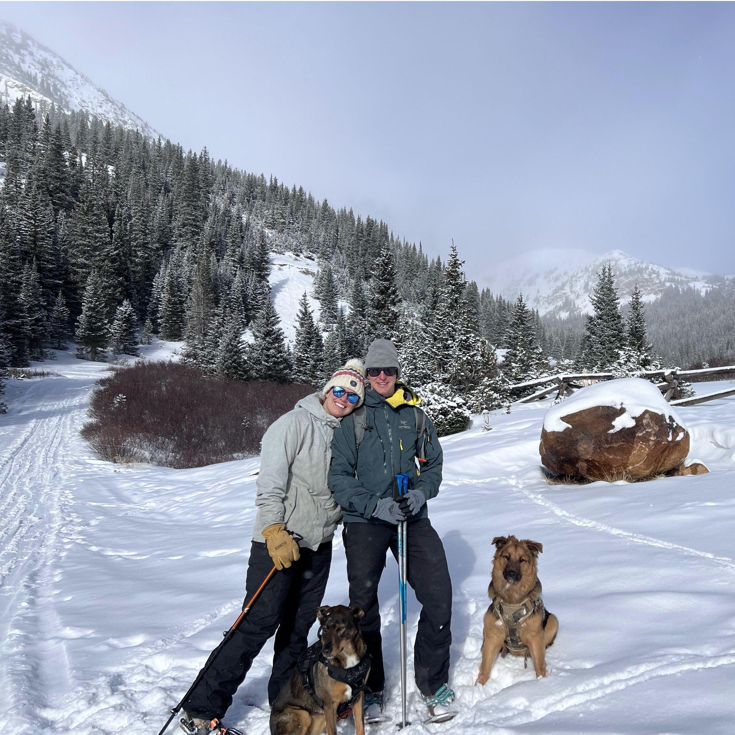 Hannah and Chris still like to get outside, even if it's chilly! Here you can see them snow shoeing in CO with their trusty steeds (Avery & Rio)