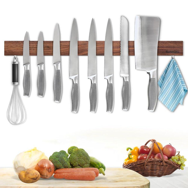Magnetic Knife Holder for Wall, 23 Inch Knife Magnetic Strip no Drilling with 2 Hooks, Walnut Wood Magnetic Knife Holder, Powerful Magnet Knife Holder for Knives, Utensils and Tools