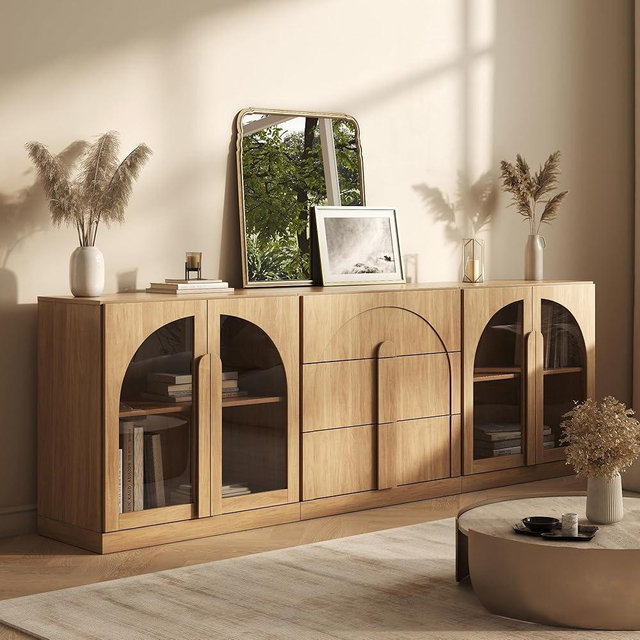 BELLEZE 3-Piece Modular Sideboard Cabinet Freely Configurable, Modern Wood Buffet Cabinet Contain 2 Arched Cabinets and a 3-Drawer Storage, Media Console Credenza for Living Room Kitchen, Camel