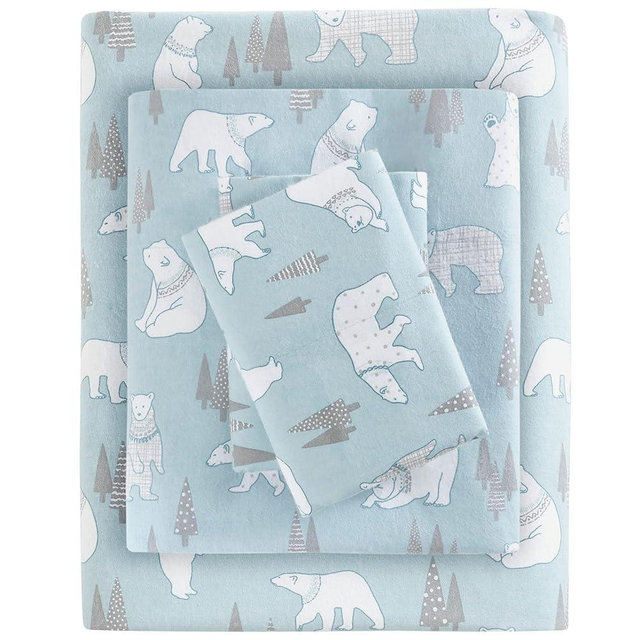 True North by Sleep Philosophy Cozy Flannel Warm 100% Cotton Sheet - Novelty Print Animals Stars Cute Ultra Soft Cold Weather Bedding Set, Queen, Blue Polar Bears 4 Piece