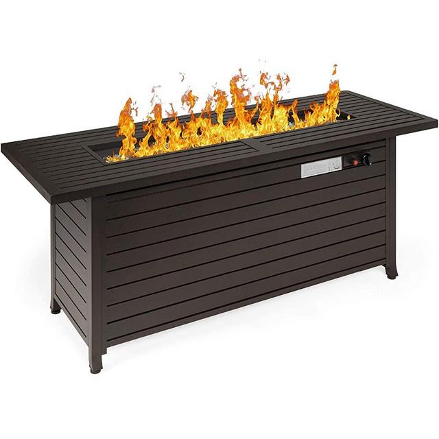 Best Choice Products 57in 50,000 BTU Rectangular Extruded Aluminum Gas Fire Pit Table w/Burner Lid, Storage, Cover, Glass Rocks - Dark Brown