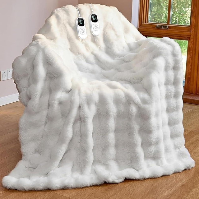 IUUI Electric Heated Blanket King 90''x100'',Luxury Faux Rabbit Fur Heating Throw Blankets,Fast Heating with 1/2/4/6/8/10 Hours,Overheat Protection, Quick Heating, Memory Function, Gift-Ready Design