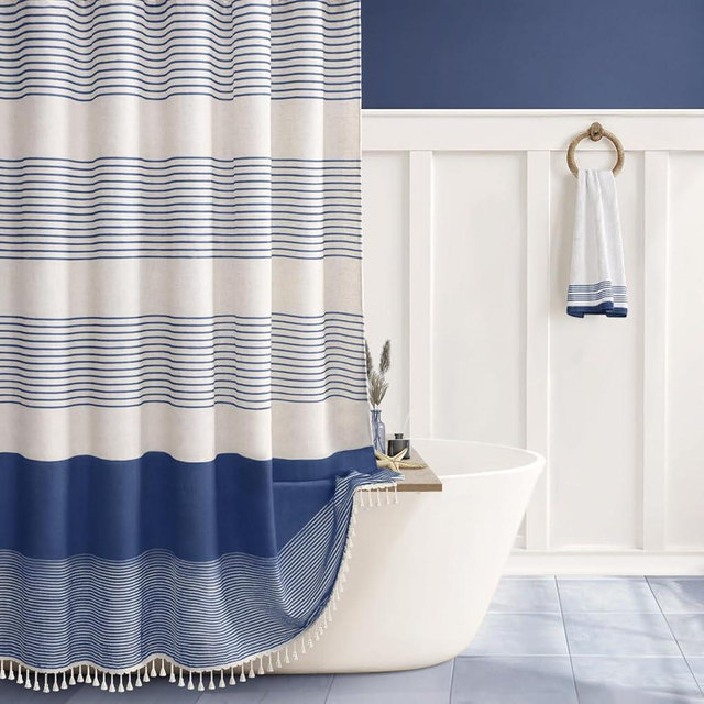 NDDYCU Navy Blue Shower Curtains for Bathroom Boho Linen Texture Striped Shower Curtain with Tassel 72 X 72 Natural