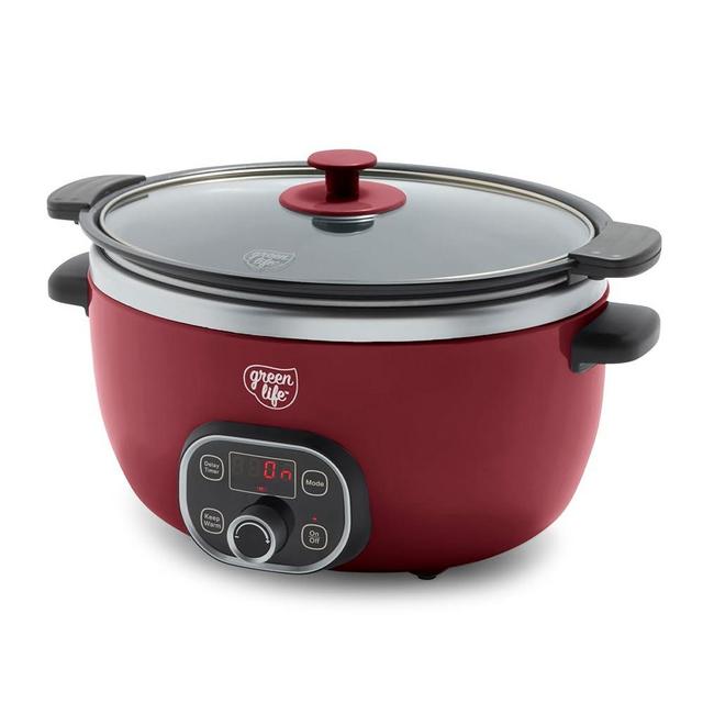 GreenLife Cook Duo Healthy Ceramic Nonstick Programmable 6 Quart Family-Sized Slow Cooker, PFAS-Free, Removable Lid and Pot, Digital Timer, Adjustable Temperature Control, Dishwasher Safe Parts, Red