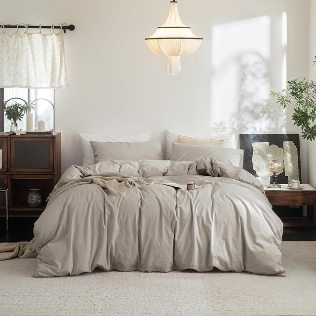 FOSSA Duvet Cover Set 100% Washed Cotton Linen Feel Super Soft Breathable Cozy 3 Pieces Bedding Sets Solid Cream Grey Super Queen