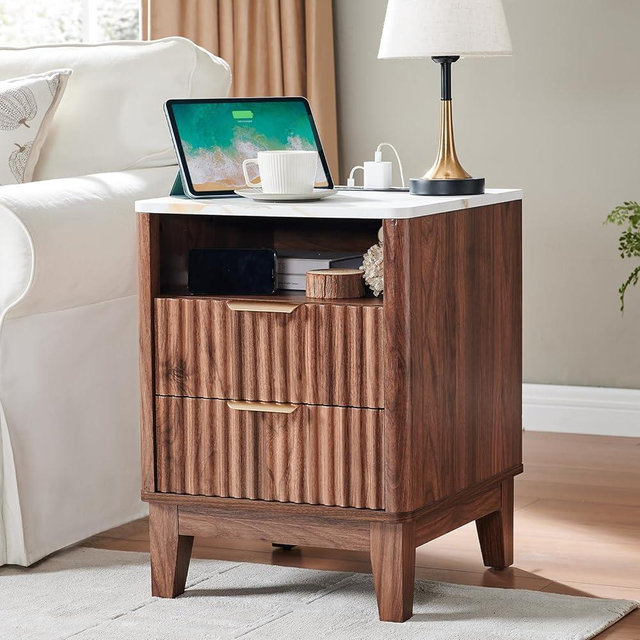 Nightstand with Charging Station, 18" Bedside Table with Faux Marble Top, 2 Drawers Fluted Night Stand Curved Profile End Table for Bedroom, Living Room, Modern Rustic Storage Cabinet, Walnut