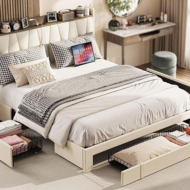 ANCTOR Queen Bed Frame with 3 Drawers, Upholstered Platform Bed with Storage Headboard and Charging Station, No Box Spring Needed, Easy Assembly
