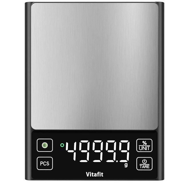 Vitafit 11lb Food Scale, High Accuracy 0.0001lb by Our Professional Factory Since 2001, Digital Kitchen Scale with% Percentage Function for Cooking,Baking&Coffee, Stainless Steel,Big LED, Black