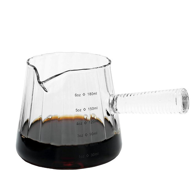 FANTESTICRYAN 6OZ Measuring Cup, Ribbed Borosilicate Glass Espresso Cup, V-Shaped Spout Drain Espresso Double Shots, Coffee Milk Tea Accessories (Clear, Glass Handle)