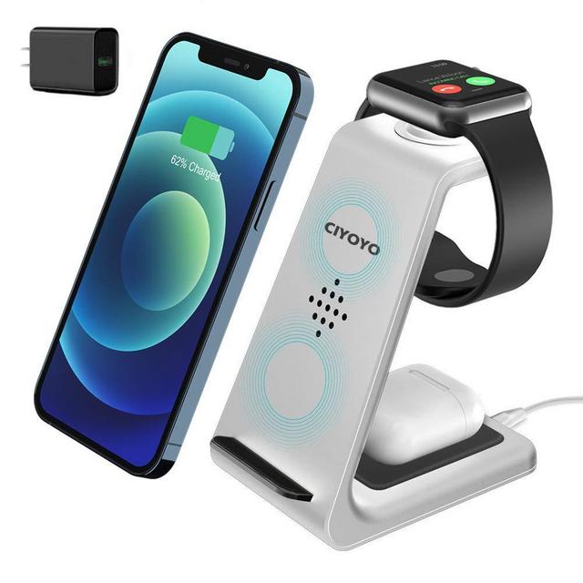 Wireless Charger Stand, CIYOYO 3 in 1 Fast Wireless Charging Station Dock for iPhone 12/12 Pro/12 Pro Max/11/11Pro/11Pro Max, Airpods Pro/2, Apple Watch Series 6/SE/5/4/3/2 (with QC3.0 Adapter)