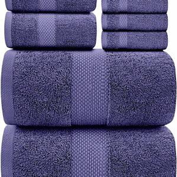 White Classic Luxury Bath Towel Set of 8 Pieces - 100% Turkish Cotton Highly Absorbent Towels for Bathroom, 2 Luxury Bath Towels 700GSM, 2 Hand Towels, 4 Washcloths, Navy
